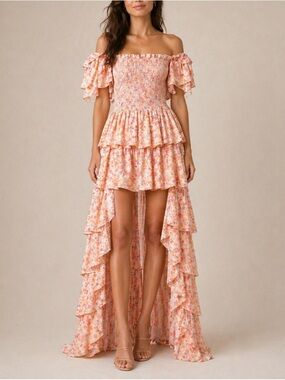 Vanessa Scott Floral Hi Low Dress Smocked Tiered Cottagecore Boho S